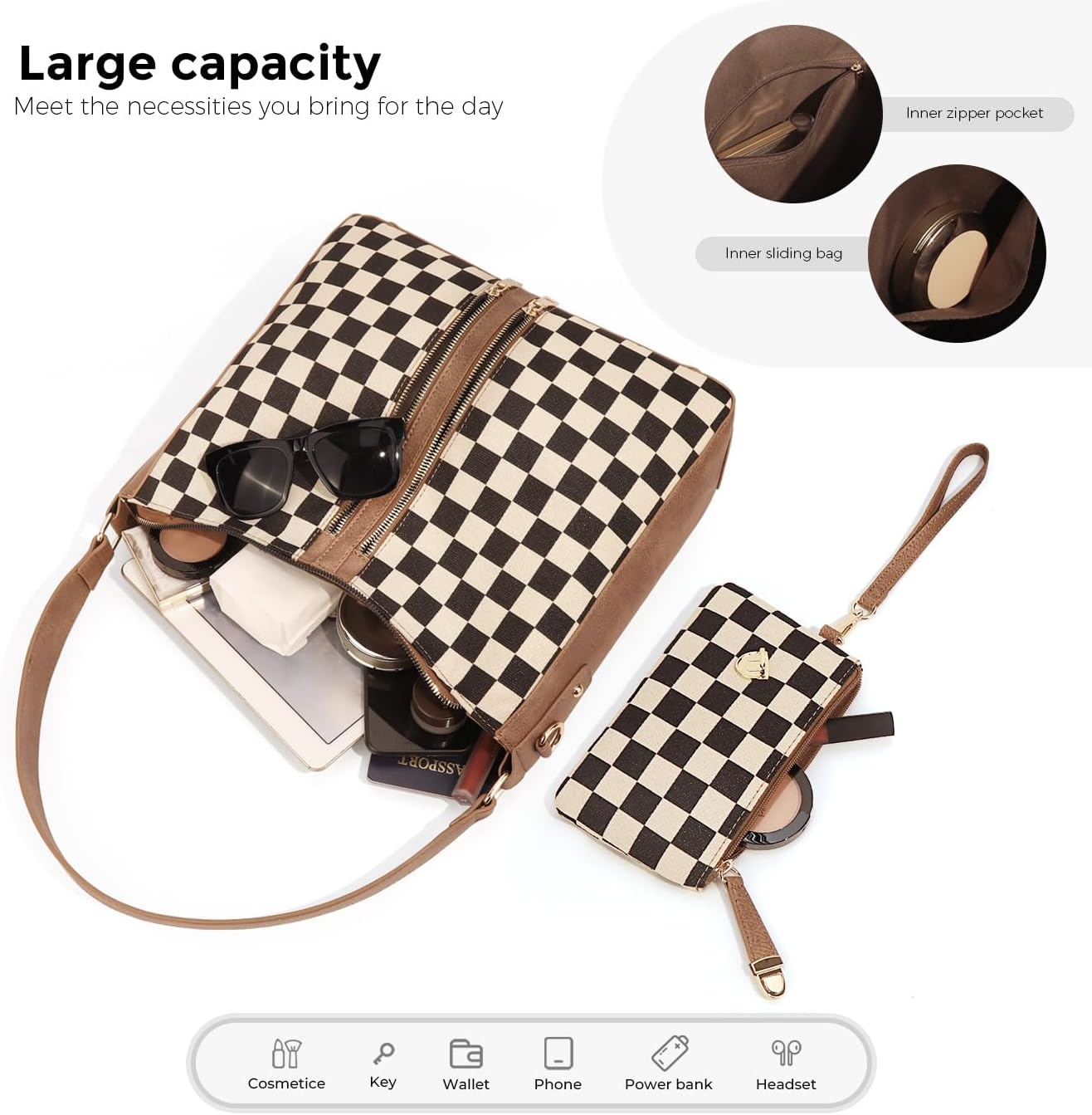Checkered Hobo Handbag for Women - Plaid Crossbody Shoulder Bag with Small Purse