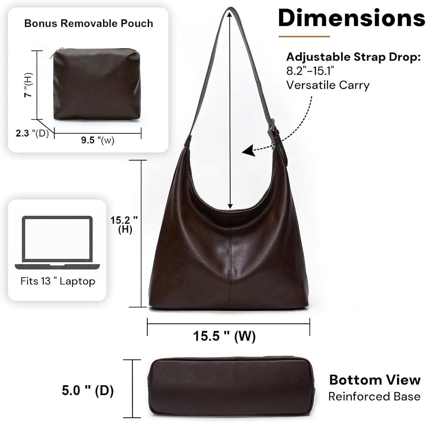 Hobo Bag for Women, Vegan Leather Slouchy Shoulder Tote with Matching Pouch