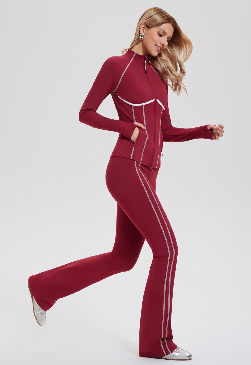 AFZ Women's Bodycon Two Piece Tracksuit Zip-Up Sweat Set with Contrast Striped Flared Joggers Travel Suit