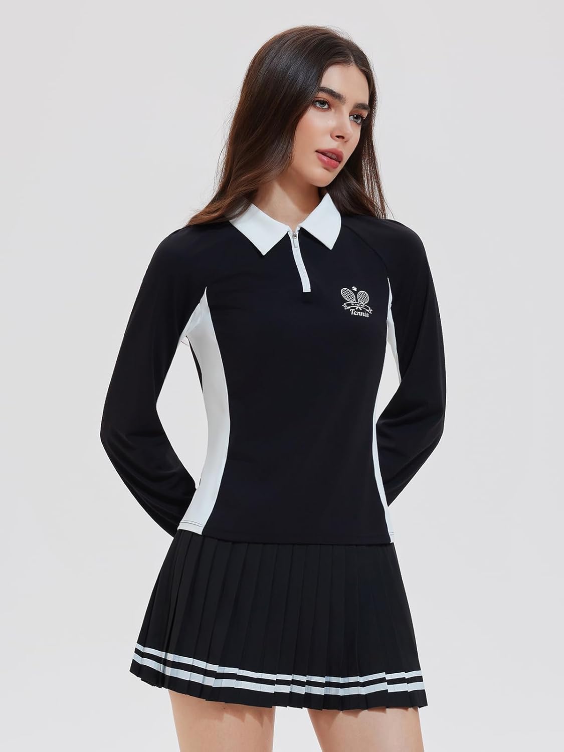 Women's 2 Piece Tennis Skirt Set - Half Zip Long Sleeve Sweater & Pleated Skort Outfit