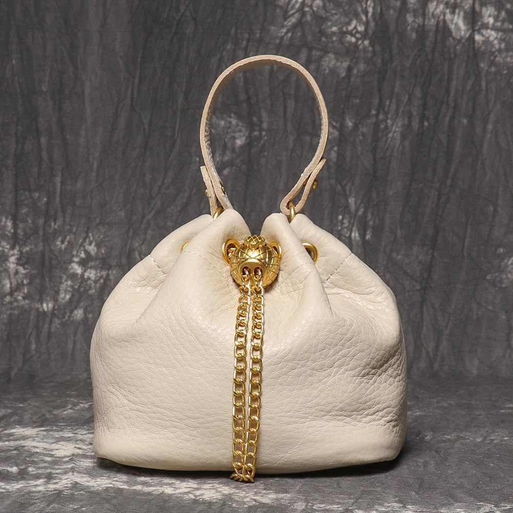 Genuine Leather Bucket Bag with Gold-Tone Chain Strap and Quilted Sphere Detail
