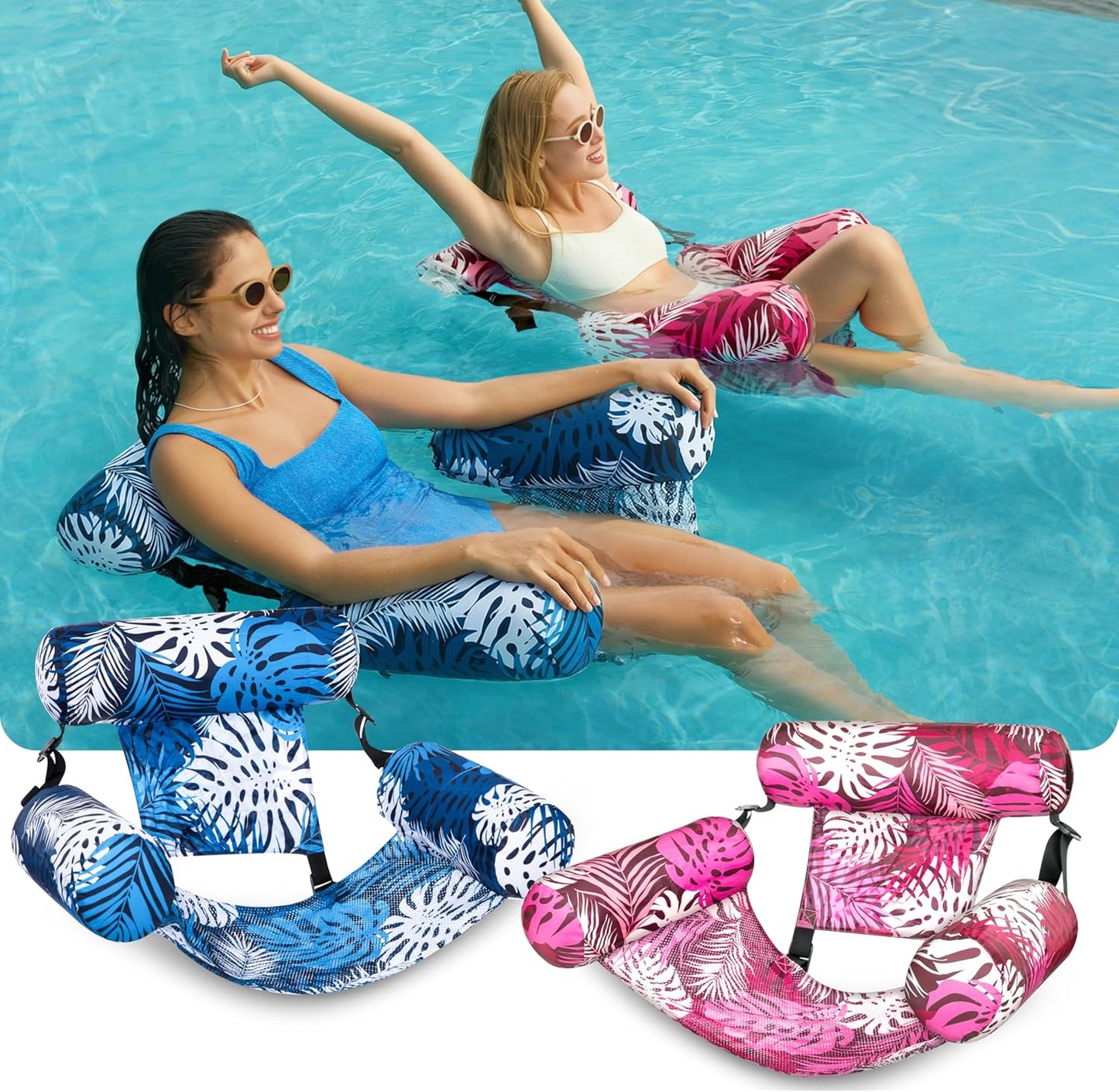 2-Pack Inflatable Pool Float Lounge Chairs with Mesh Seat for Adults, Heavy Duty Water Hammocks