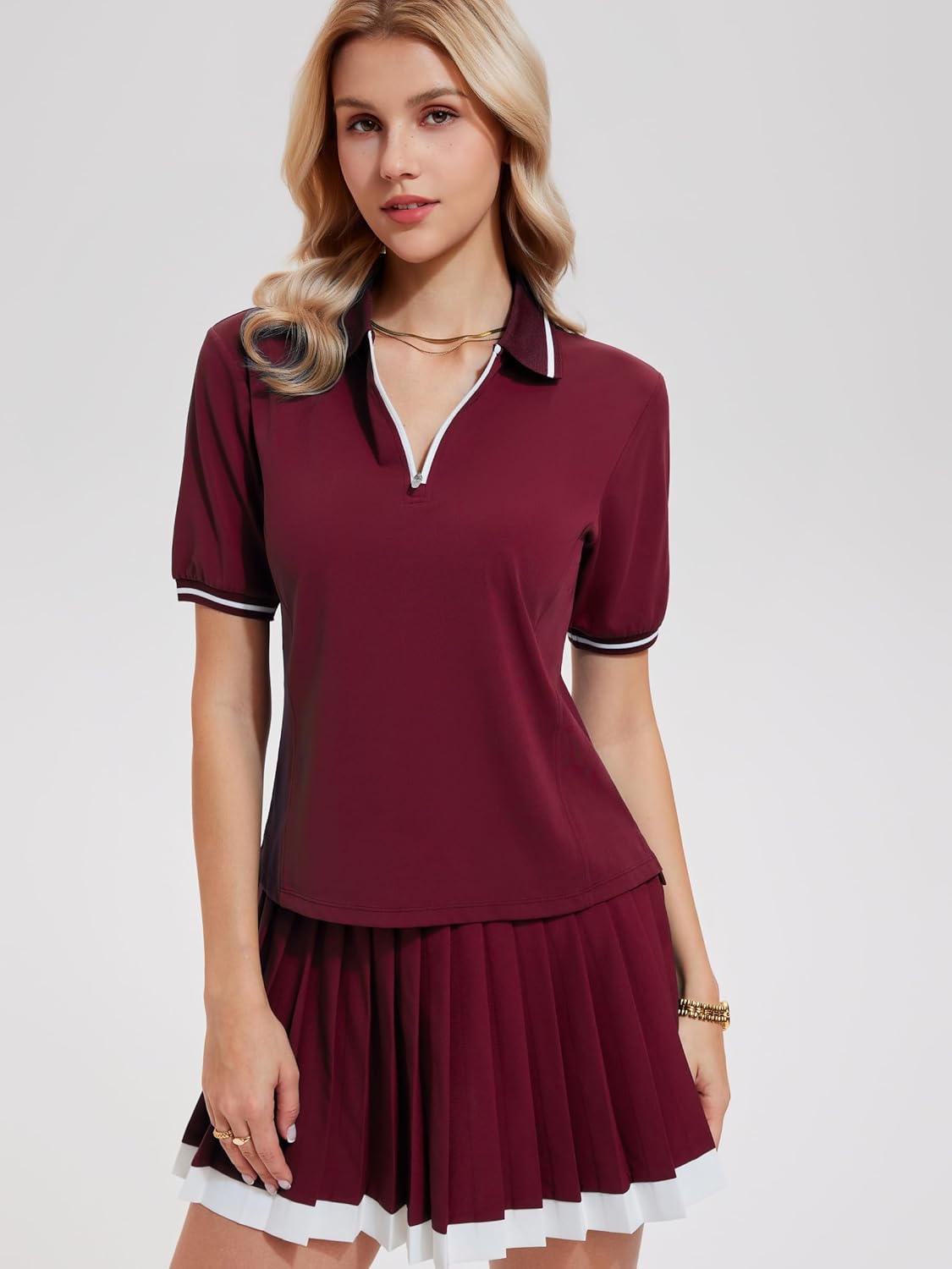 AFZ Women 2 Piece Tennis Skirt Set Color-Block Zip Up Tennis Shirt Athletic Dress Golf Skorts for Pickleball