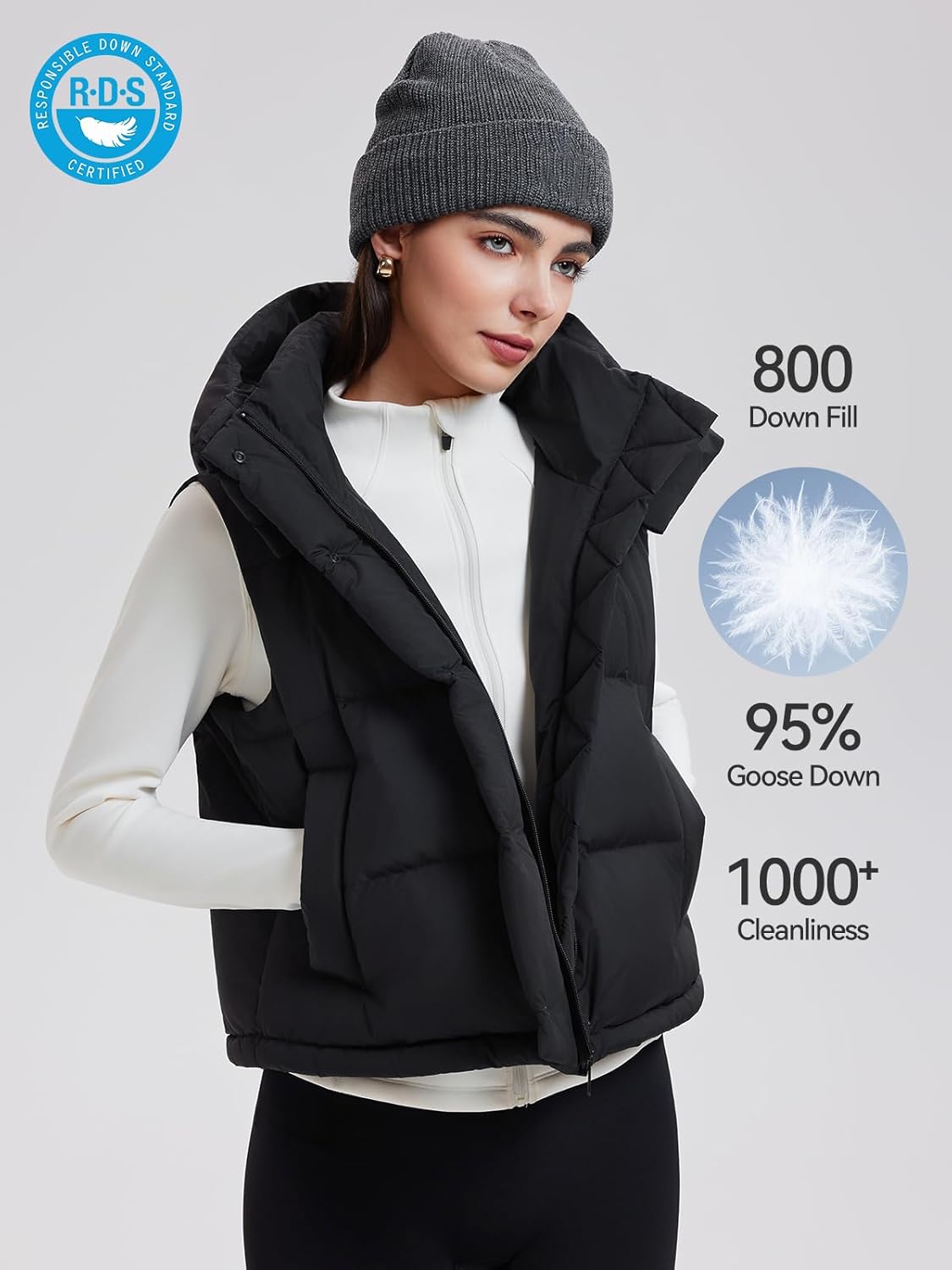 Airfree Women Cropped Puffer Vest 800 Fill Lightweight Goose Down Jacket Sleeveless Winter Coats with Removable Hood