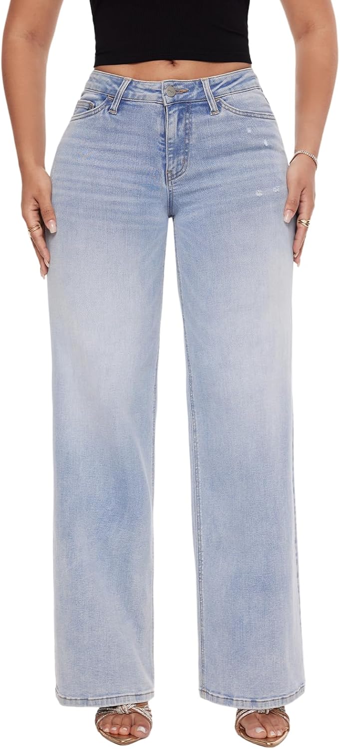 Mid-Low Rise Baggy Jeans Wide Leg for Women Distressed Stretchy Denim Pants