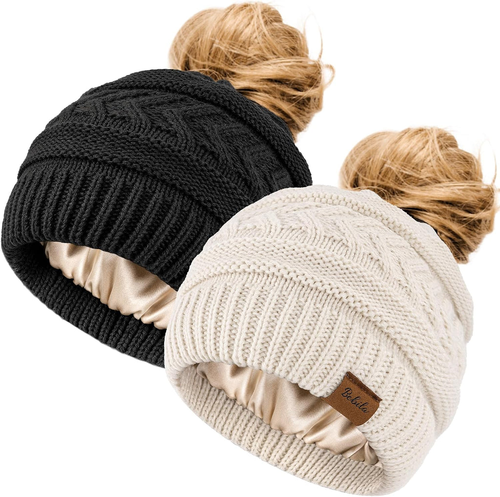 2Pcs Women's Ponytail Beanie, Satin Lined Winter Hat for Outdoor Activities