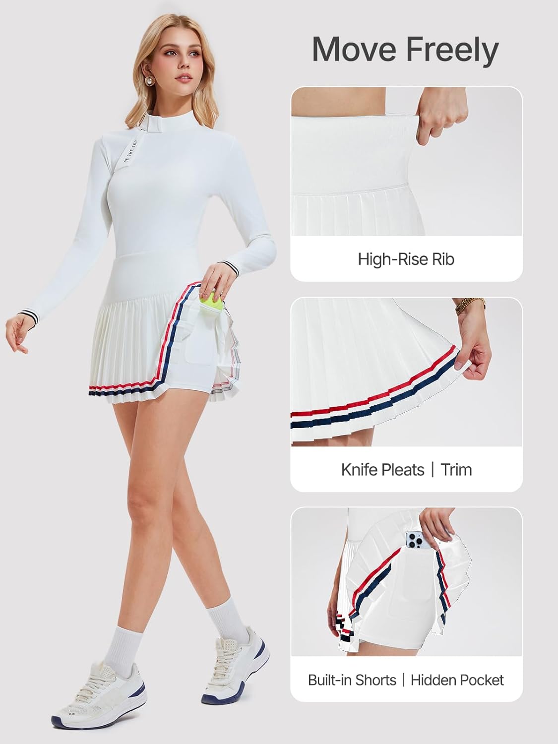 Women's 2 Piece Tennis Skirt Set - Zip Back Top & Pleated Skort with Pockets