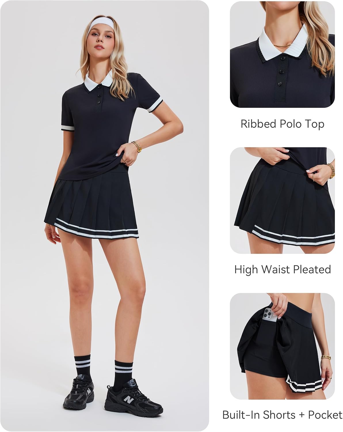 Mudere Womens 2 Piece Tennis Skirt Set, Ribbed Polo Top High Waisted Pleated Skort with Shorts, Golf Pickleball Outfit