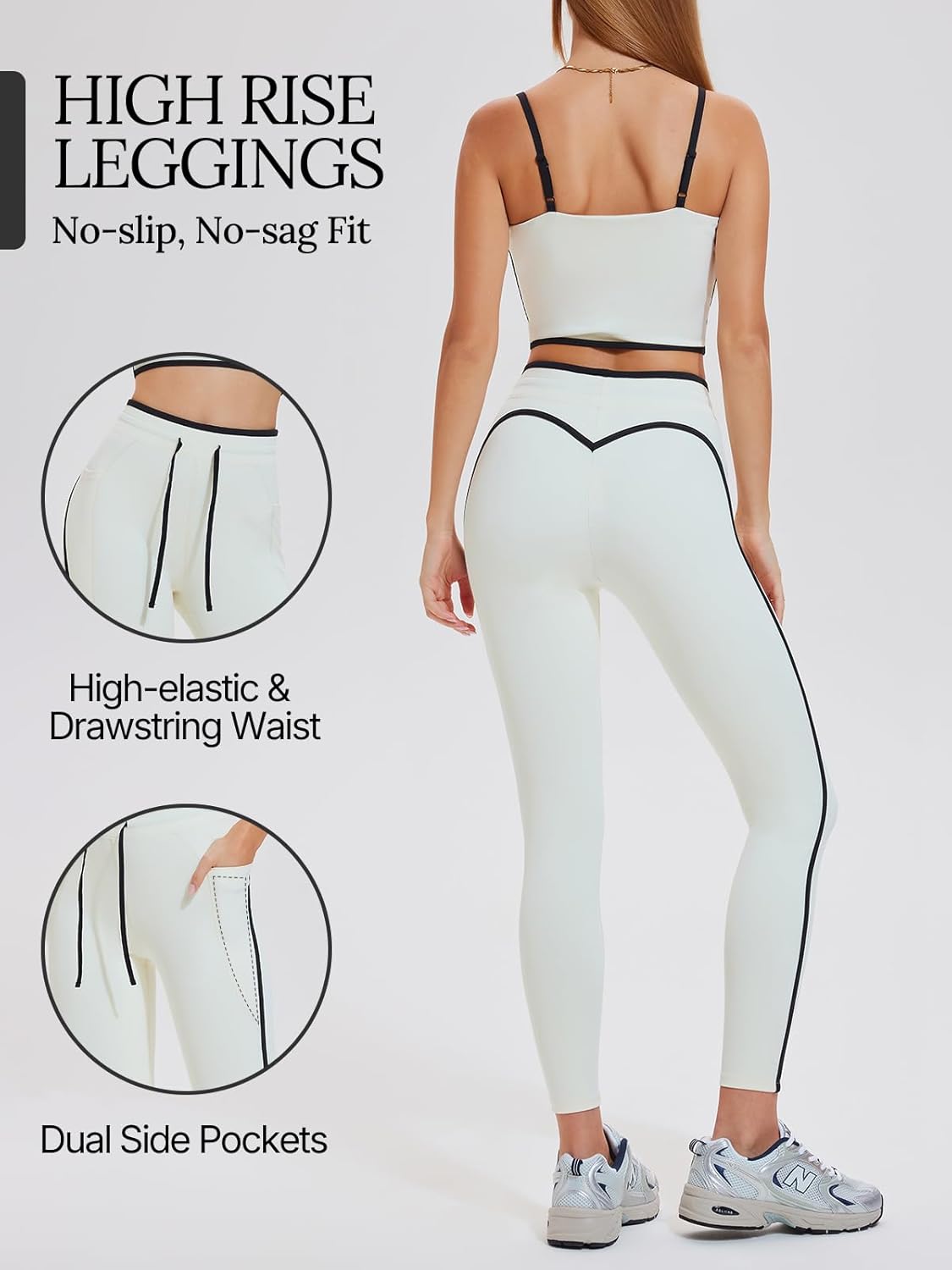 Women's 2 Piece Workout Set with Pockets Square Neck Leggings for Gym Yoga