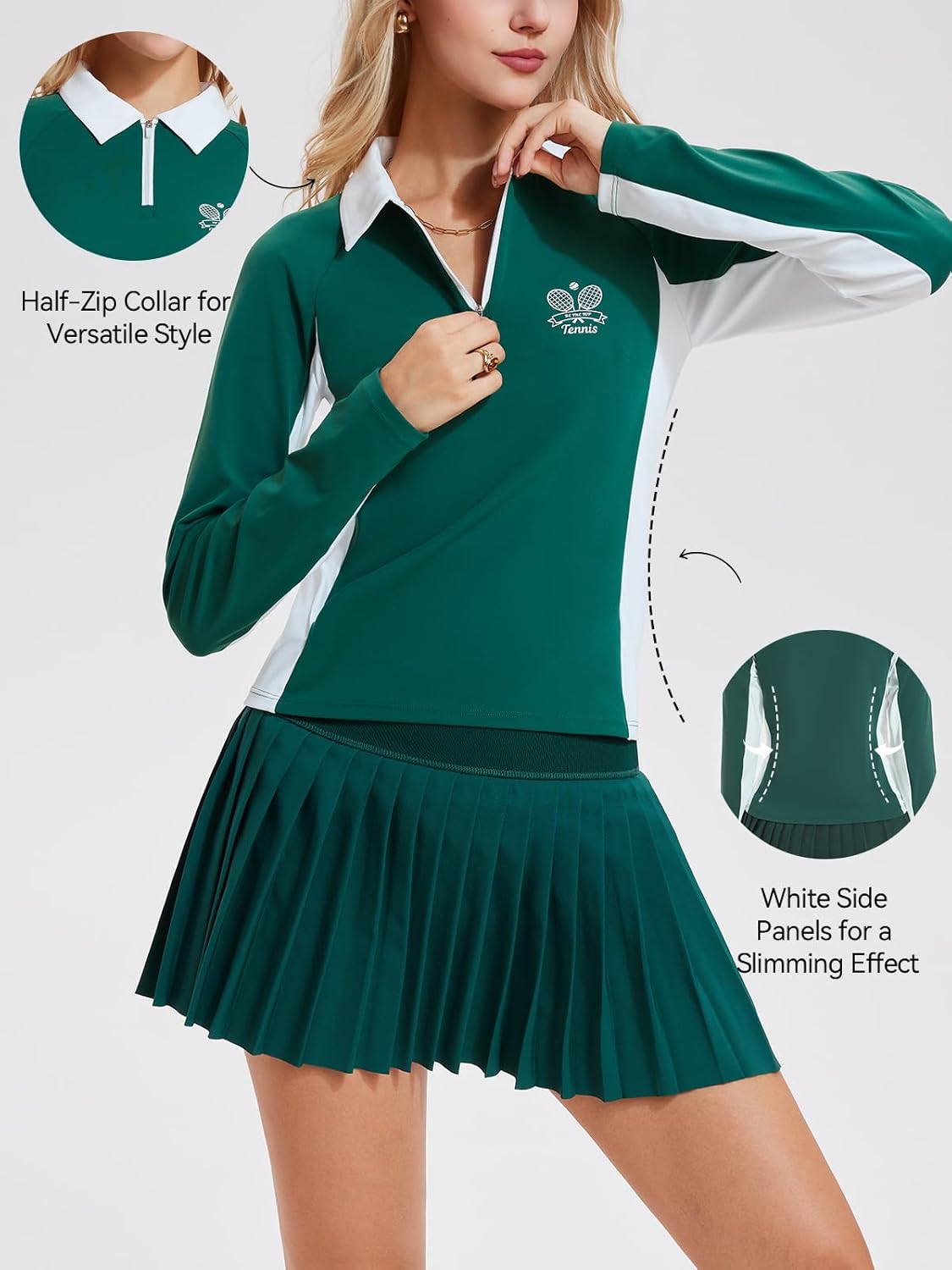 Airfree Women's Golf and Tennis Shirts Half-Zip Color Block Longsleeve Polo Shirts Collared Tops with Tennis Skirt Set