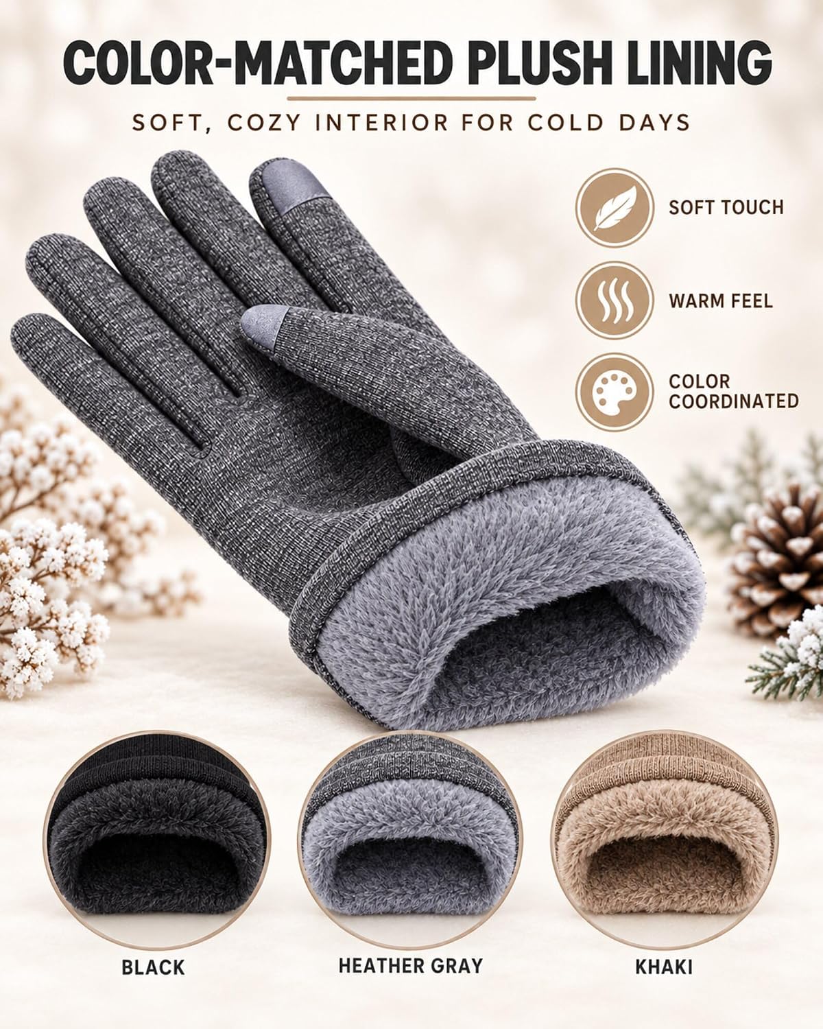 3 Pairs Women's Winter Touchscreen Gloves - Windproof Fleece Lined Warm Texting Mittens