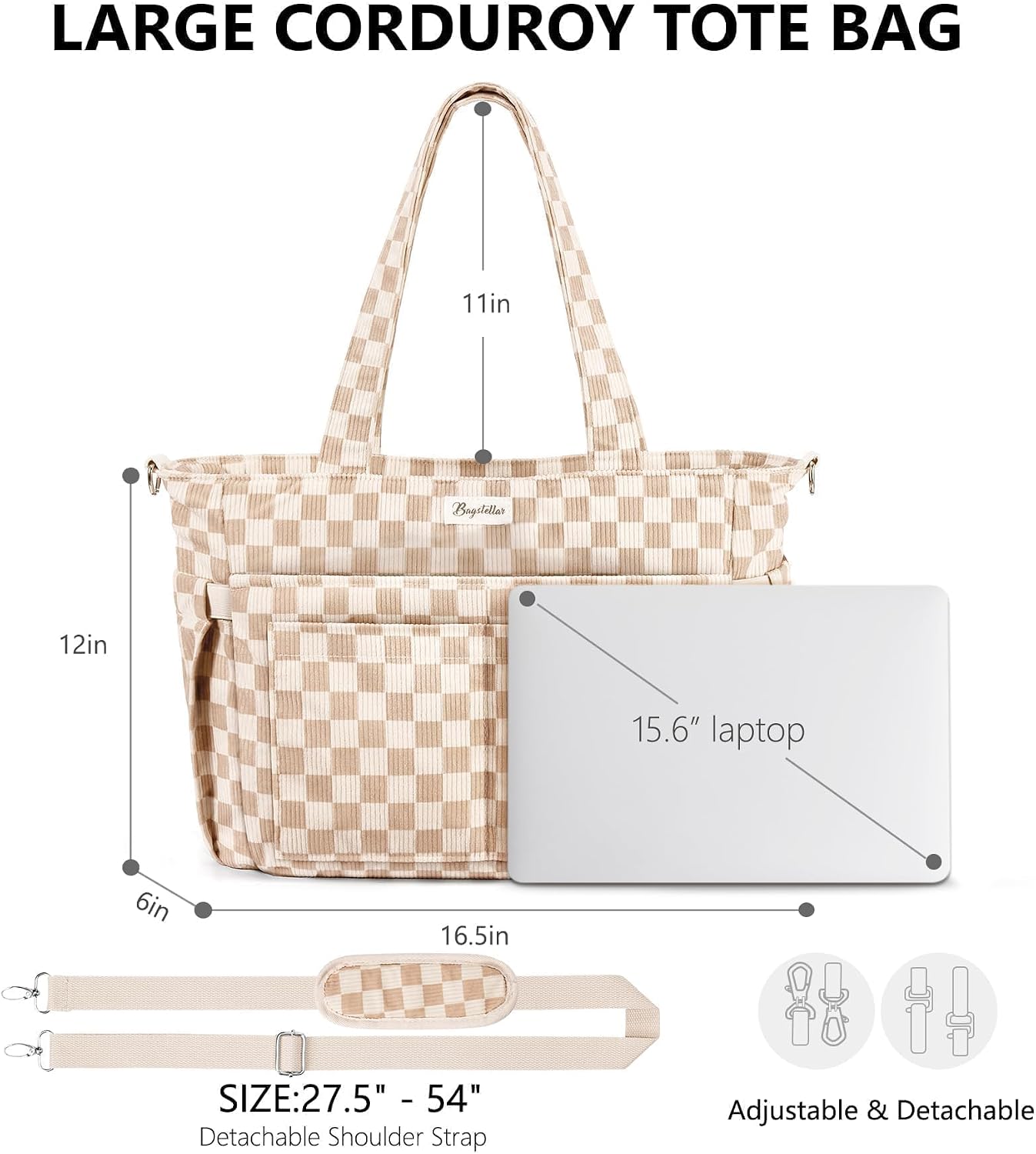 Corduroy Tote Bag for Women, 17 Pockets Laptop Work Bag with 40oz Cup Holder