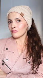 2Pcs Women's Ponytail Beanie, Satin Lined Winter Hat for Outdoor Activities