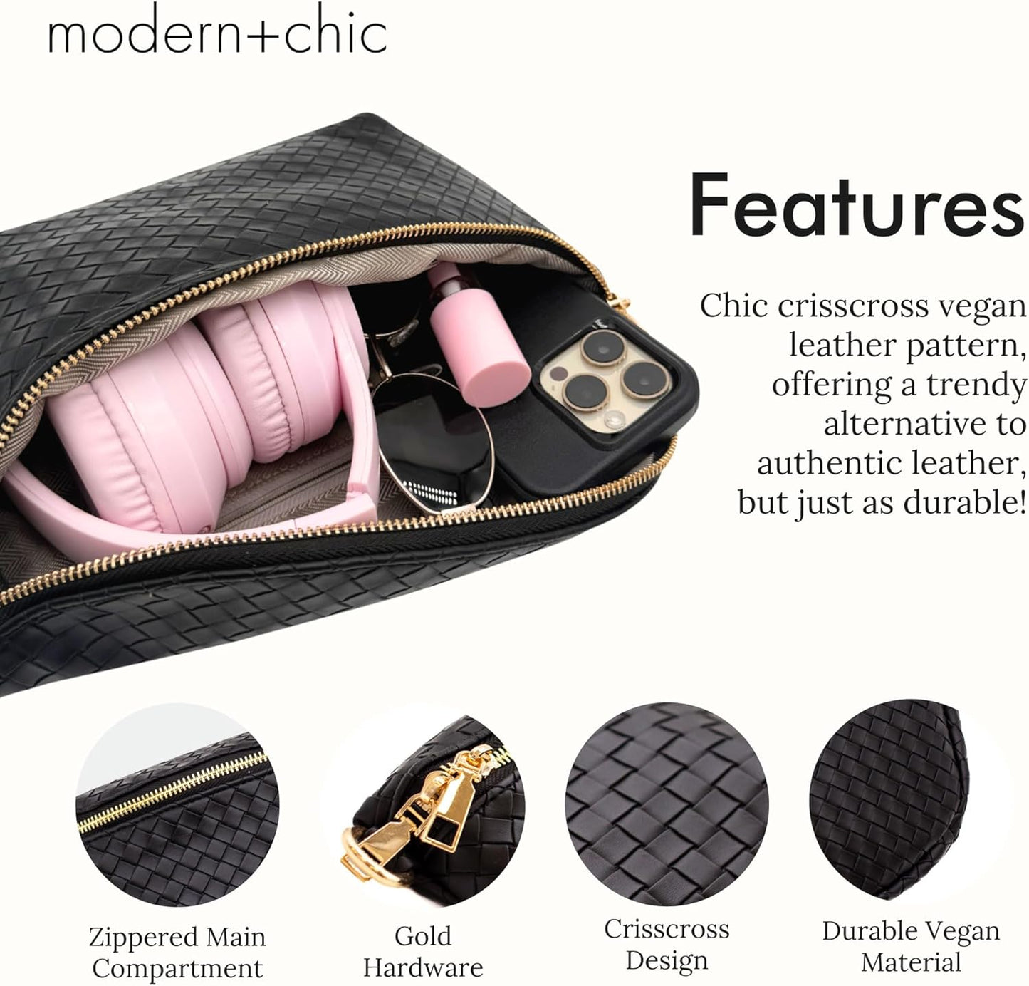 Woven Crossbody Bag for Women - Vegan Leather Purse with Adjustable Strap, Lightweight Pressed Design