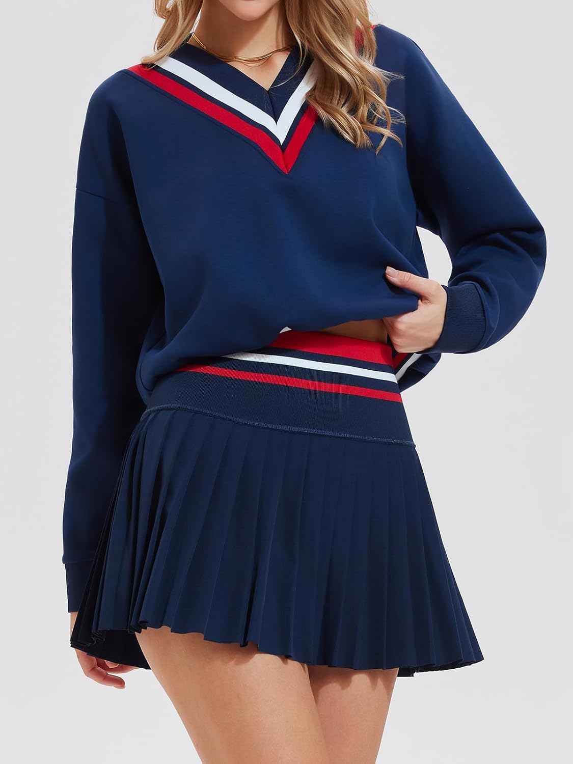Womens Sweatsuits 2 Piece Set Color Block V Neck Sweatshirts High Waisted Tennis Running Golf Tracksuits Skirts Sets