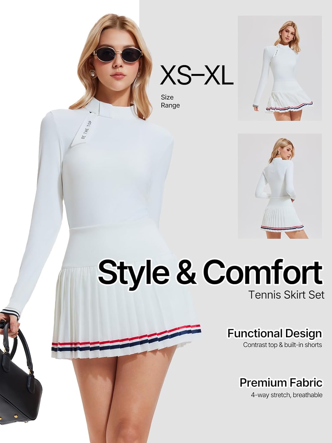 Women's 2 Piece Tennis Skirt Set - Zip Back Top & Pleated Skort with Pockets