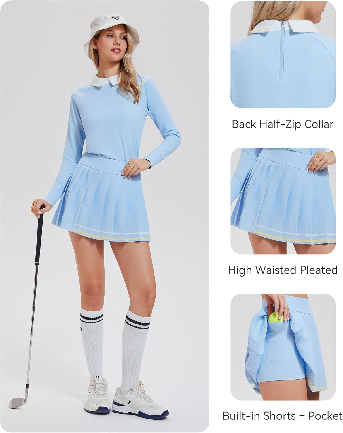 Mudere Womens Tennis Skirt Set Collared Top with Back Half Zip High Waisted Pleated Skort with Shorts, Golf Pickleball Outfit