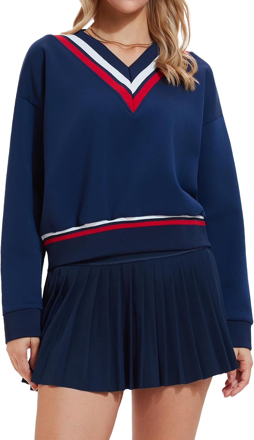 Womens Sweatsuits 2 Piece Set Color Block V Neck Sweatshirts High Waisted Tennis Running Golf Tracksuits Skirts Sets