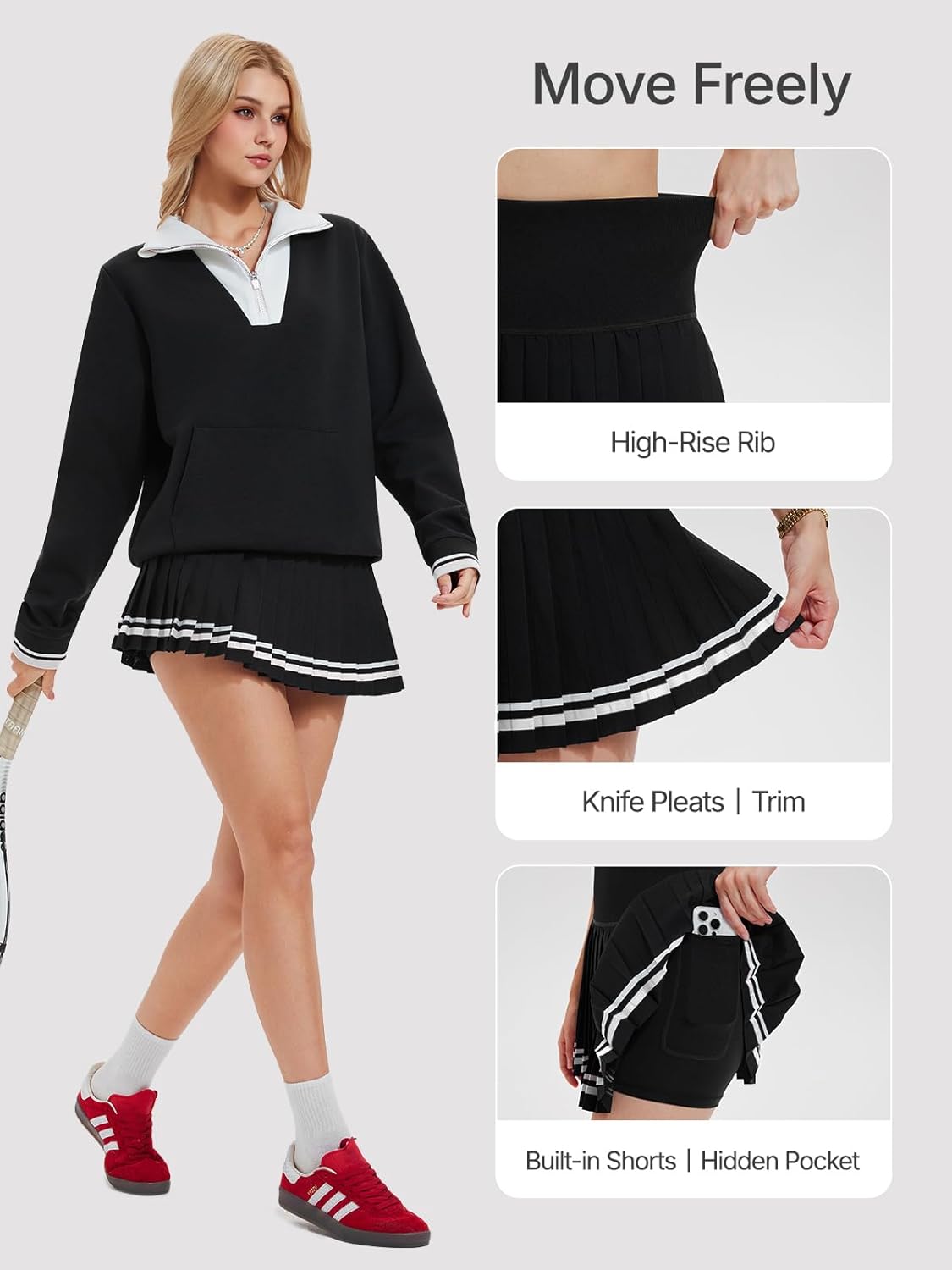 Women's 2 Piece Tennis Skirt Set - Long Sleeve Half Zip Warm Pickleball Outfits with Pockets