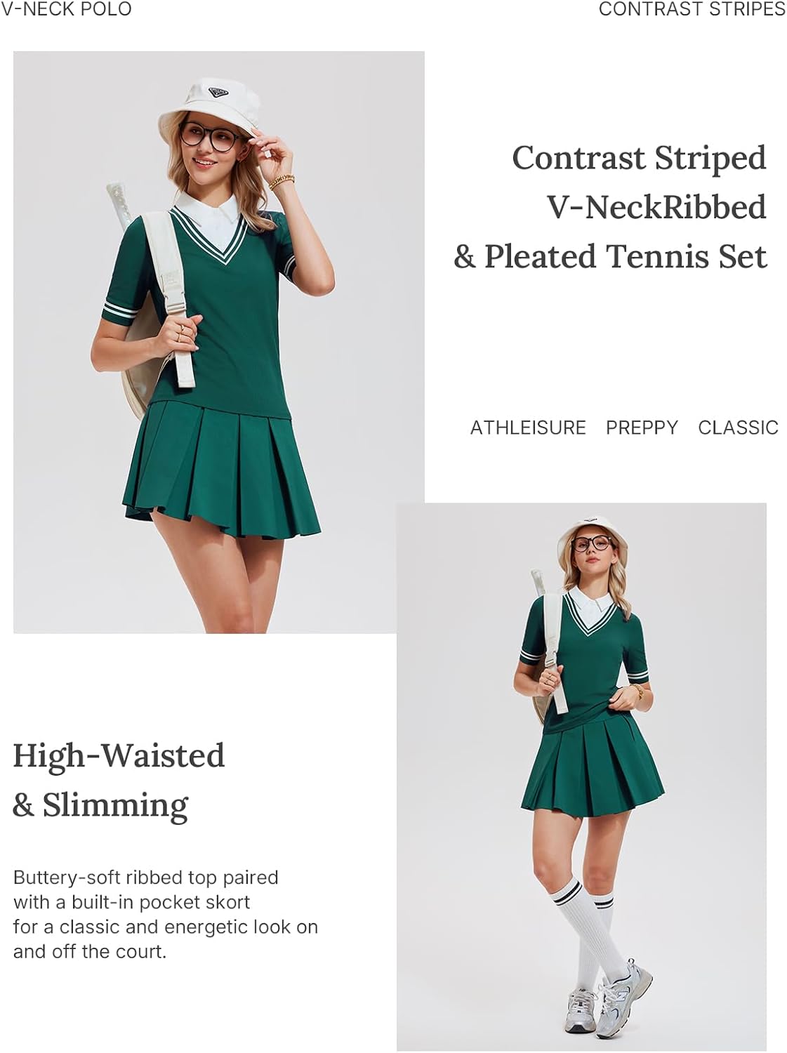 Women's 2 Piece Golf Outfit Set V-Neck Polo Shirt & High Waisted Pleated Tennis Skort with Pockets