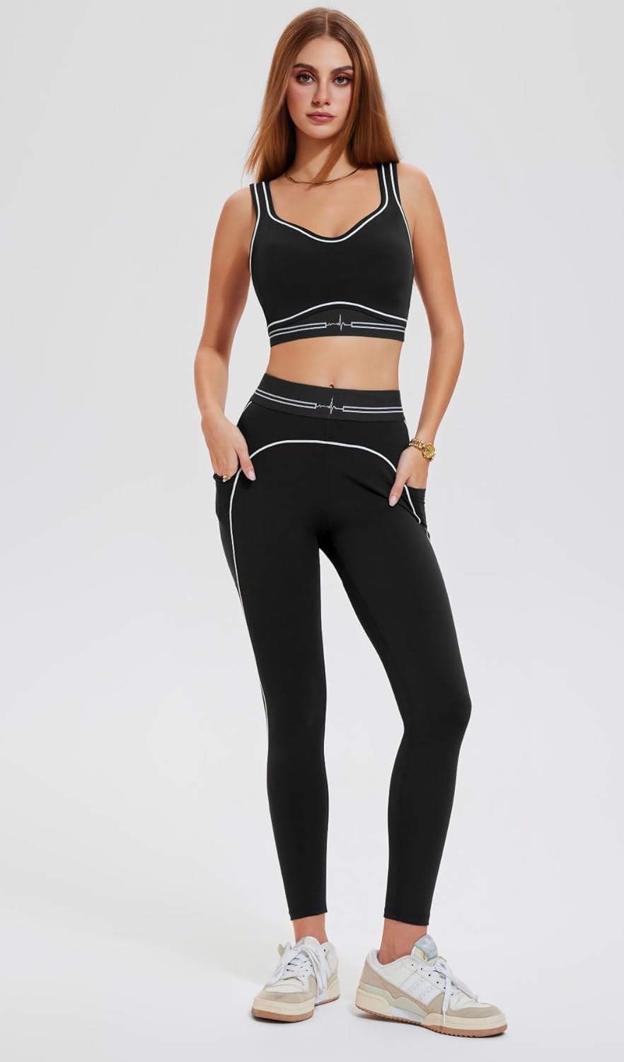 Yoga Sets for Women with Pockets - 2 Piece Workout Pilates Outfits Leggings and Sports Bra