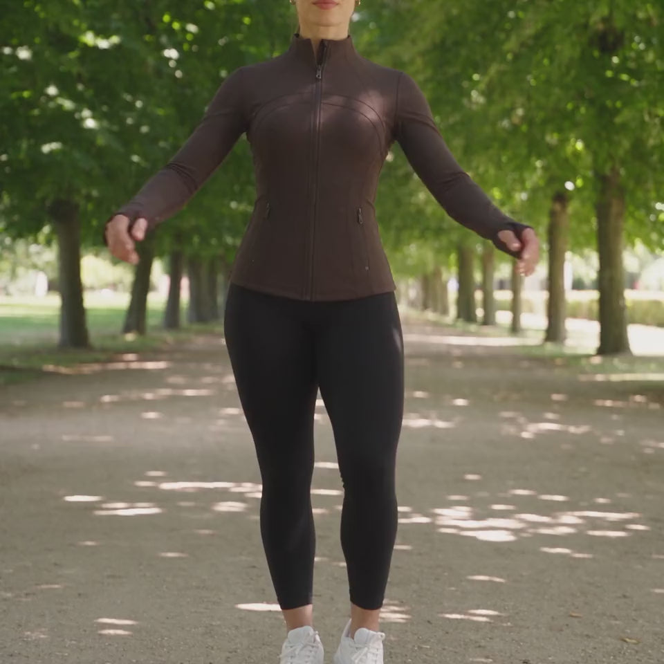 AFZ Sculpted Jacket — Clip 04 — Coffee and Navy stretch and recovery