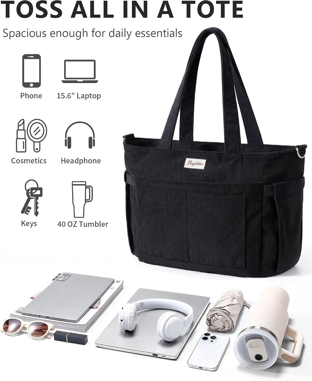 Corduroy Tote Bag for Women, 17 Pockets Laptop Work Bag with 40oz Cup Holder