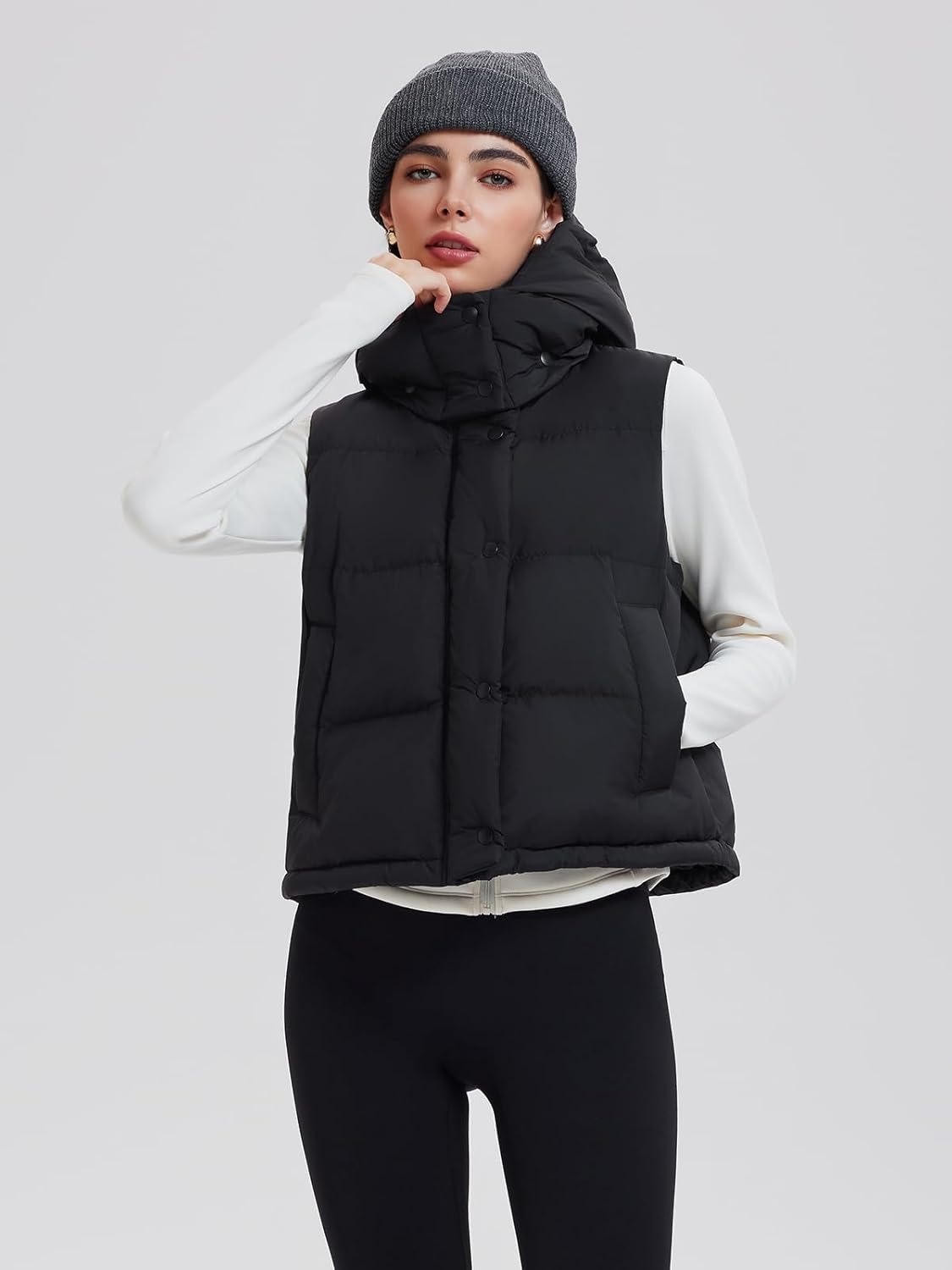 Airfree Women Cropped Puffer Vest 800 Fill Lightweight Goose Down Jacket Sleeveless Winter Coats with Removable Hood