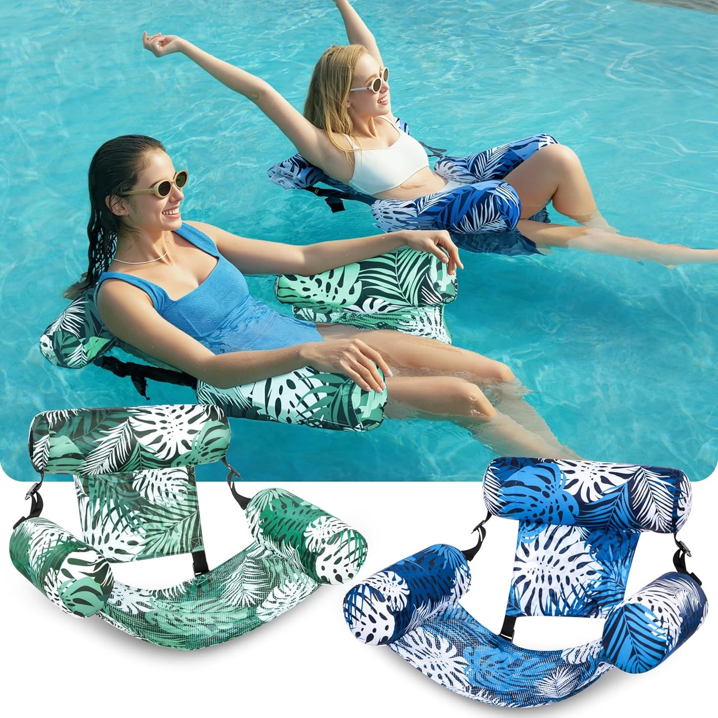 2-Pack Inflatable Pool Float Chairs, Fabric Covered Floating Lounge with Mesh Sling