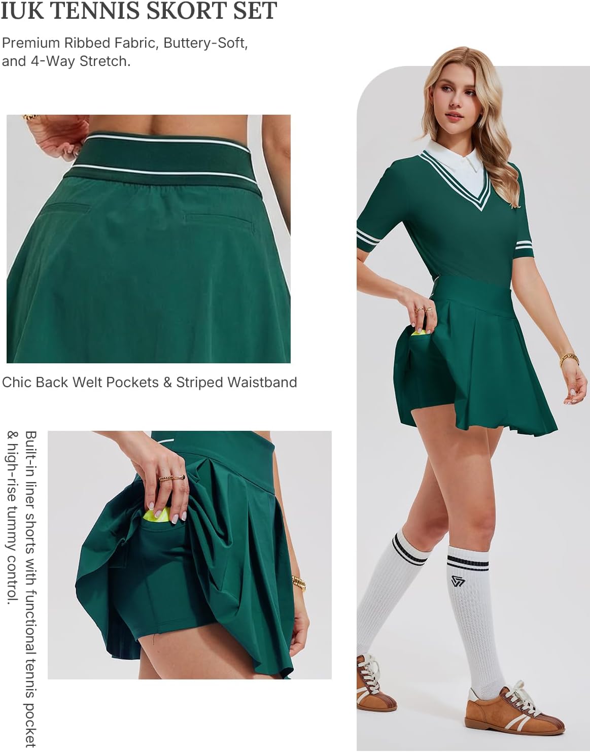 Women's 2 Piece Golf Outfit Set V-Neck Polo Shirt & High Waisted Pleated Tennis Skort with Pockets