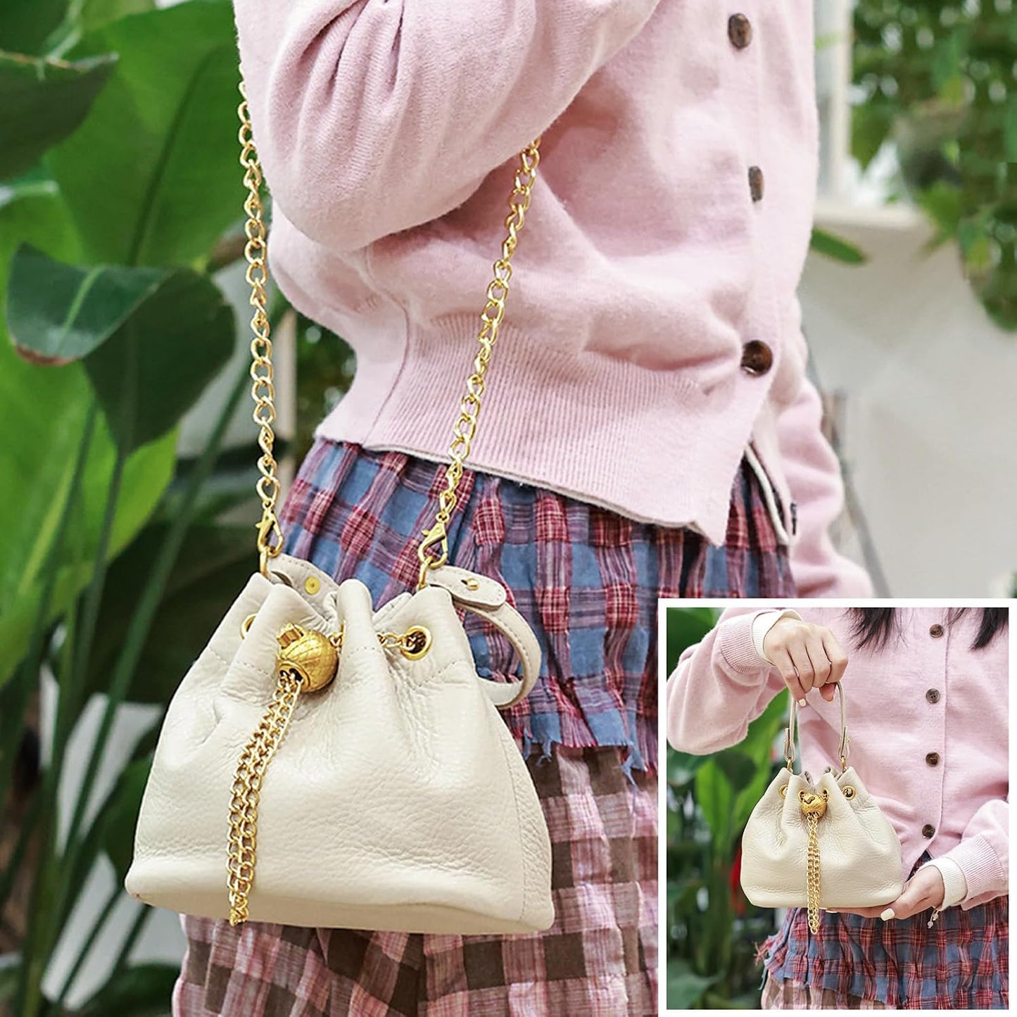 Genuine Leather Bucket Bag with Gold-Tone Chain Strap and Quilted Sphere Detail