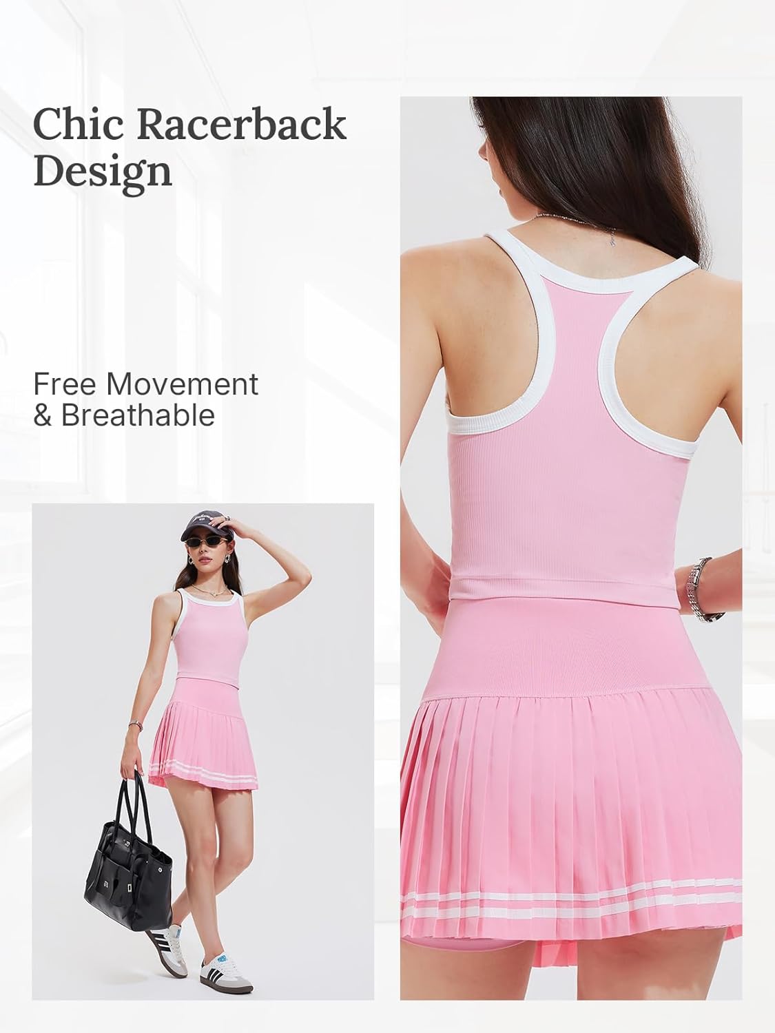 Women's 2 Piece Tennis Skirt Set - Racerback Tank Top and High Waisted Athletic Skort for Golf