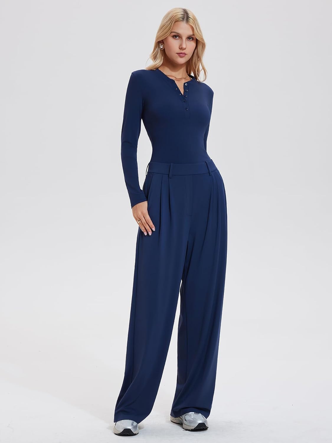 Airfree Women's 2 Piece Matching Lounge Set Long Sleeve Henley Tops Wide Leg Pants Sets with Pockets Slim Fit Tracksuit