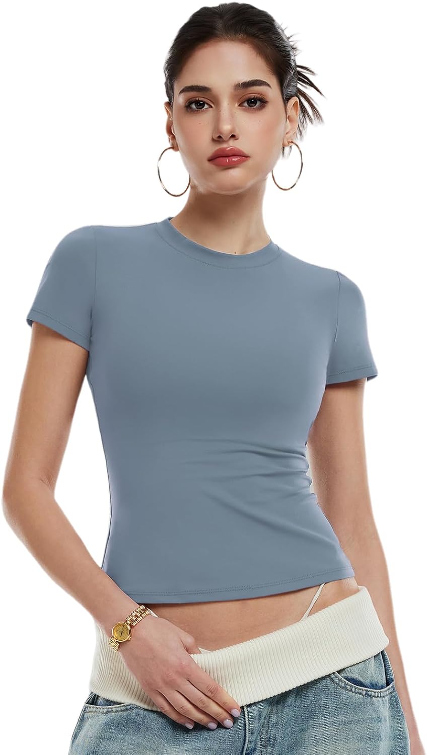 Women's Short Sleeve Compression Workout Top - Slim Fit Non See Through Y2K Tee