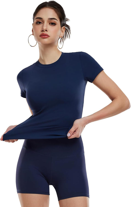 Women's 2 Piece Workout Set - Slim Fit Crew Neck T-Shirt & High Waisted 4 Inch Athletic Shorts