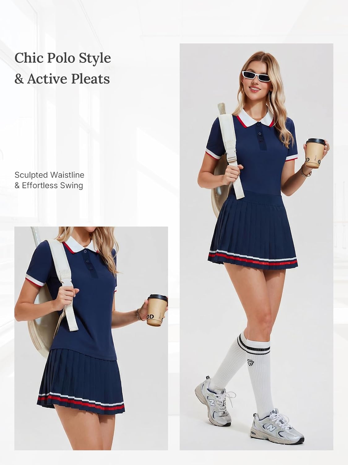 Women's 2 Piece Tennis Skirt Set - Pleated Polo Skort with Pockets for Golf and Pickleball
