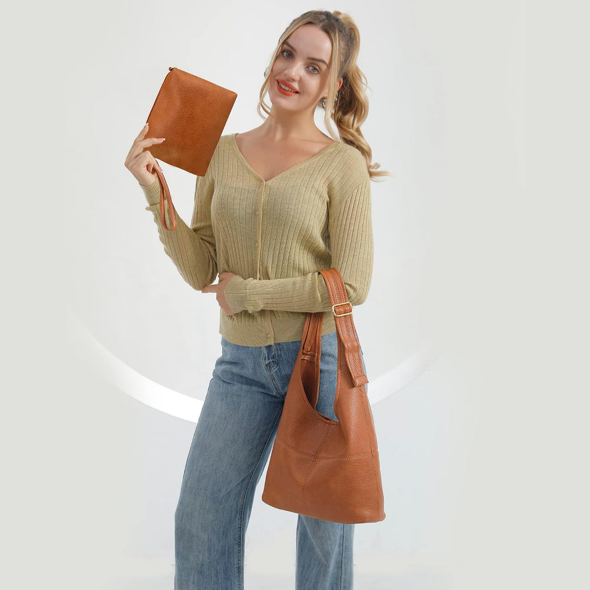 Ultra Soft Foldable Hobo Bag for Women - Slouchy Shoulder Handbag with Cosmetic Pouch