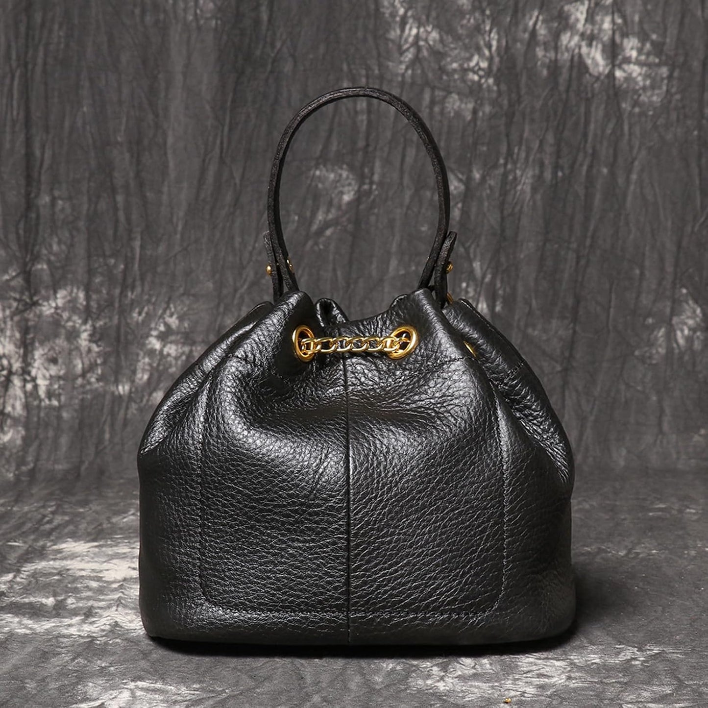 Genuine Leather Bucket Bag with Gold-Tone Chain Strap and Quilted Detail