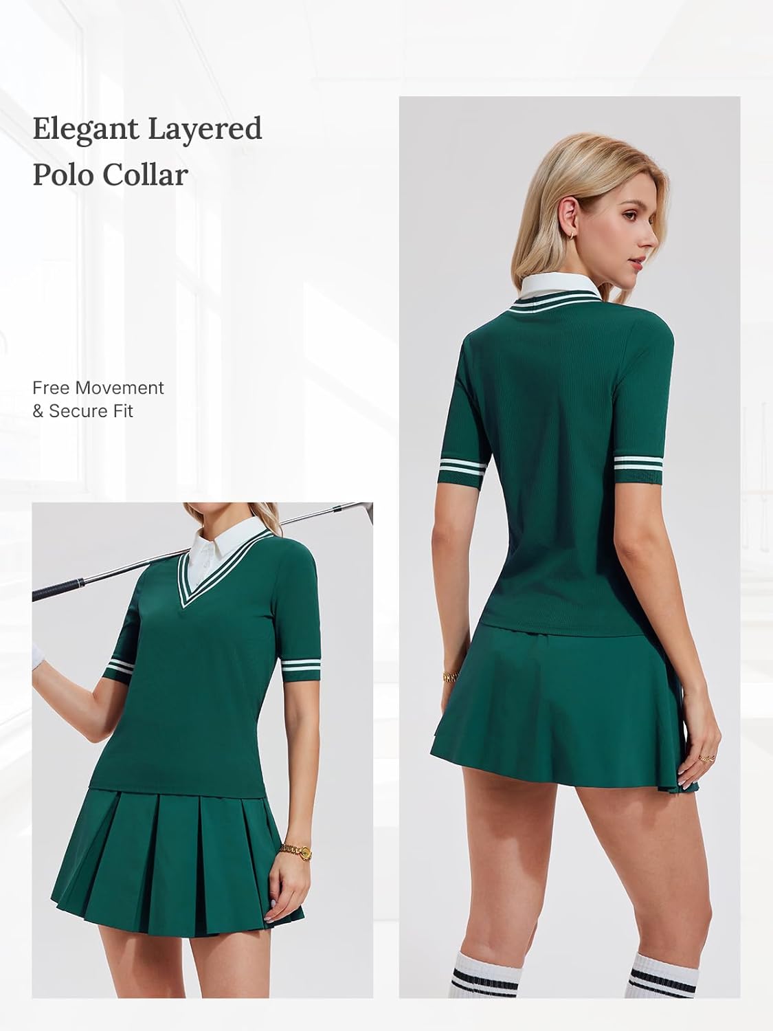 Women's 2 Piece Golf Outfit Set V-Neck Polo Shirt & High Waisted Pleated Tennis Skort with Pockets