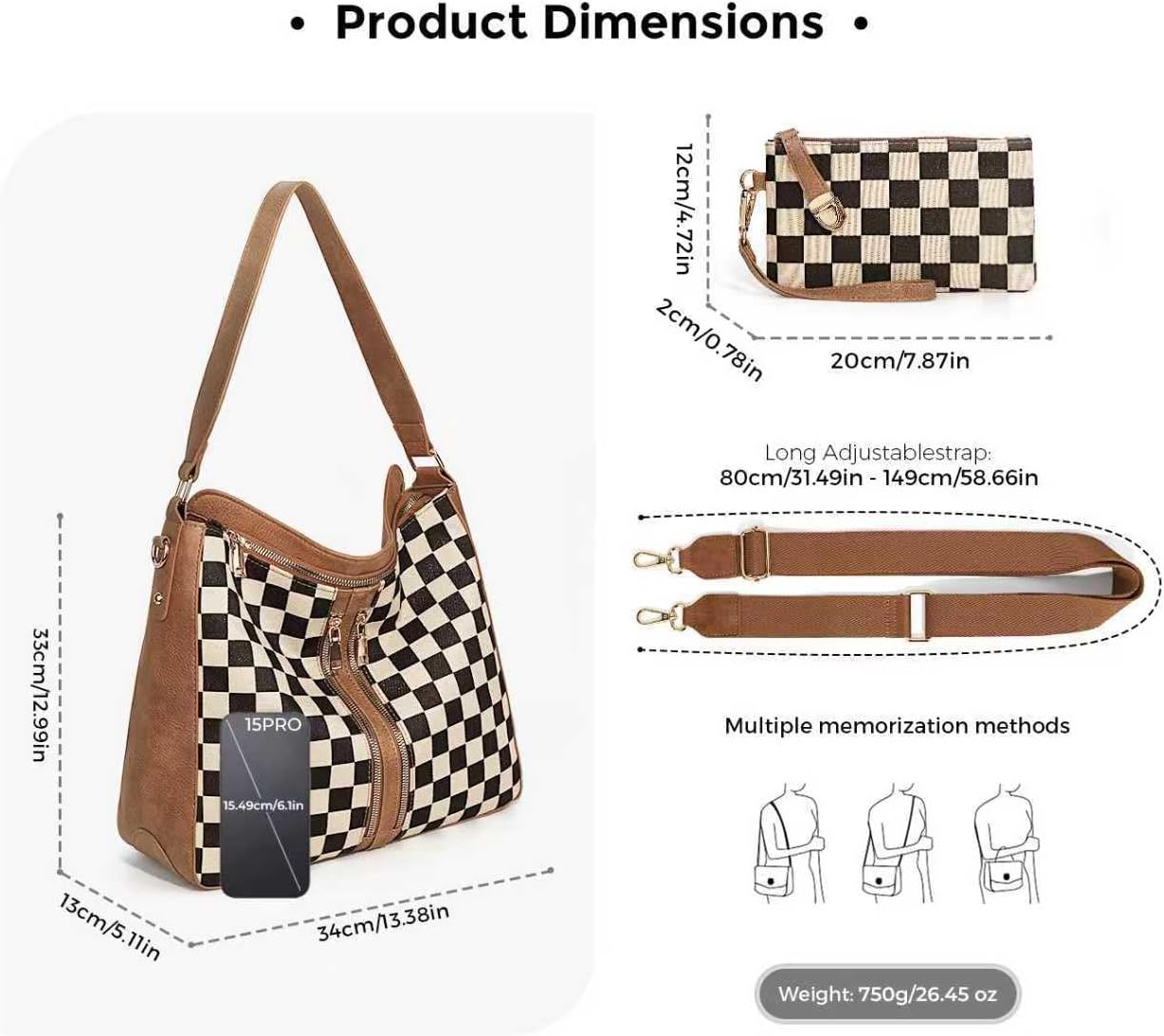 Checkered Hobo Handbag for Women - Plaid Crossbody Shoulder Bag with Small Purse