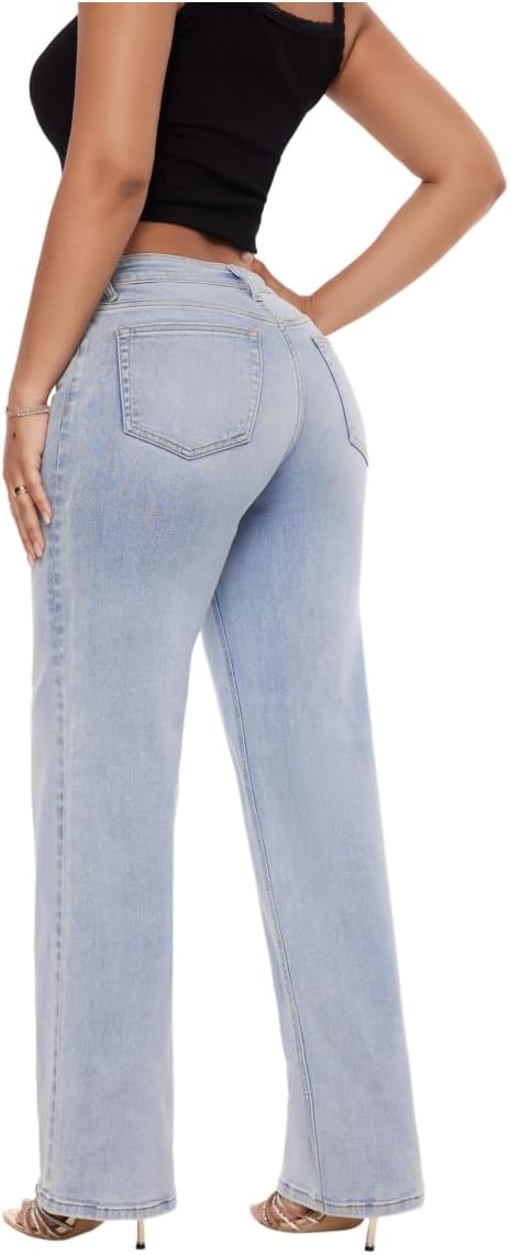 Mid-Low Rise Baggy Jeans Wide Leg for Women Distressed Stretchy Denim Pants