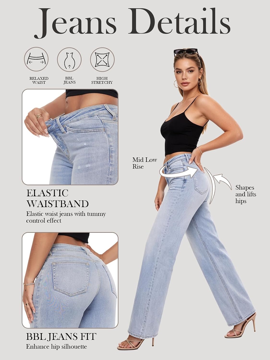 Mid-Low Rise Baggy Jeans Wide Leg for Women Distressed Stretchy Denim Pants