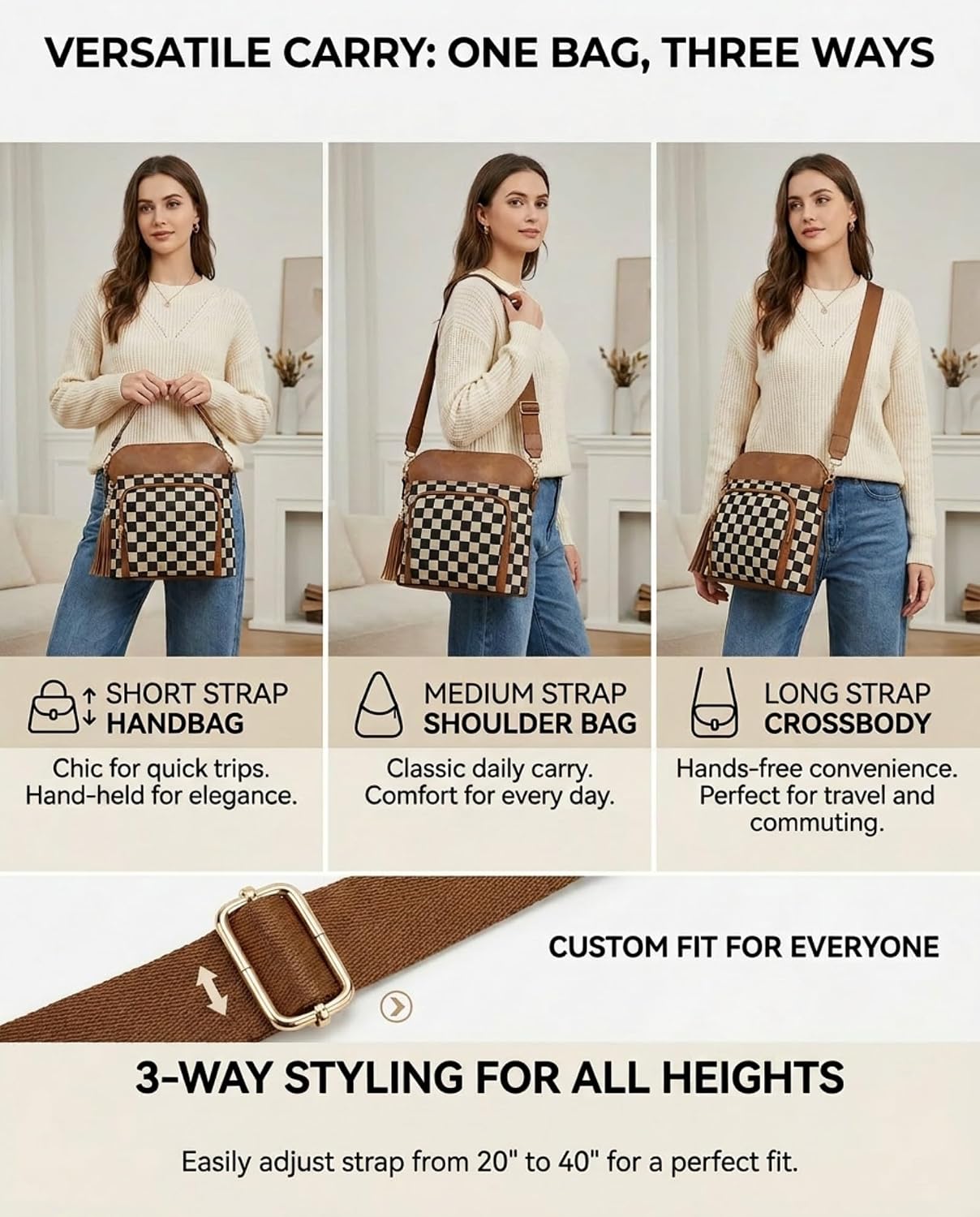 Checkered Crossbody Bag for Women, Lightweight Plaid PU Leather Canvas Handbag with Adjustable Strap
