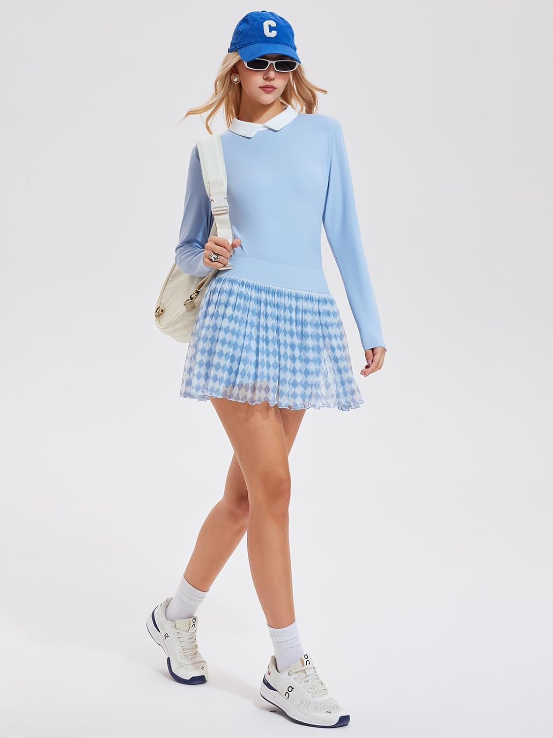 Women's 2 Piece Golf Outfit Tennis Skirt Set Long Sleeve Back Zipper & Flowy Mesh Pleated Skort
