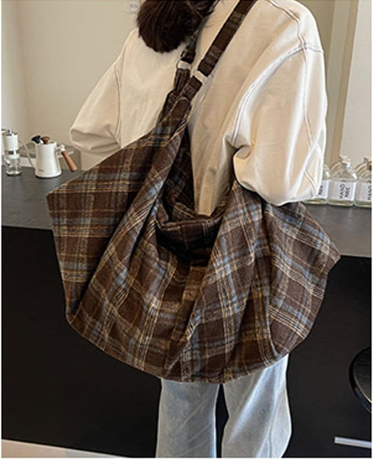 Plaid Tote Bag for Women Large Hobo Shoulder Bag Lightweight Slouchy Handbag for Work Travel