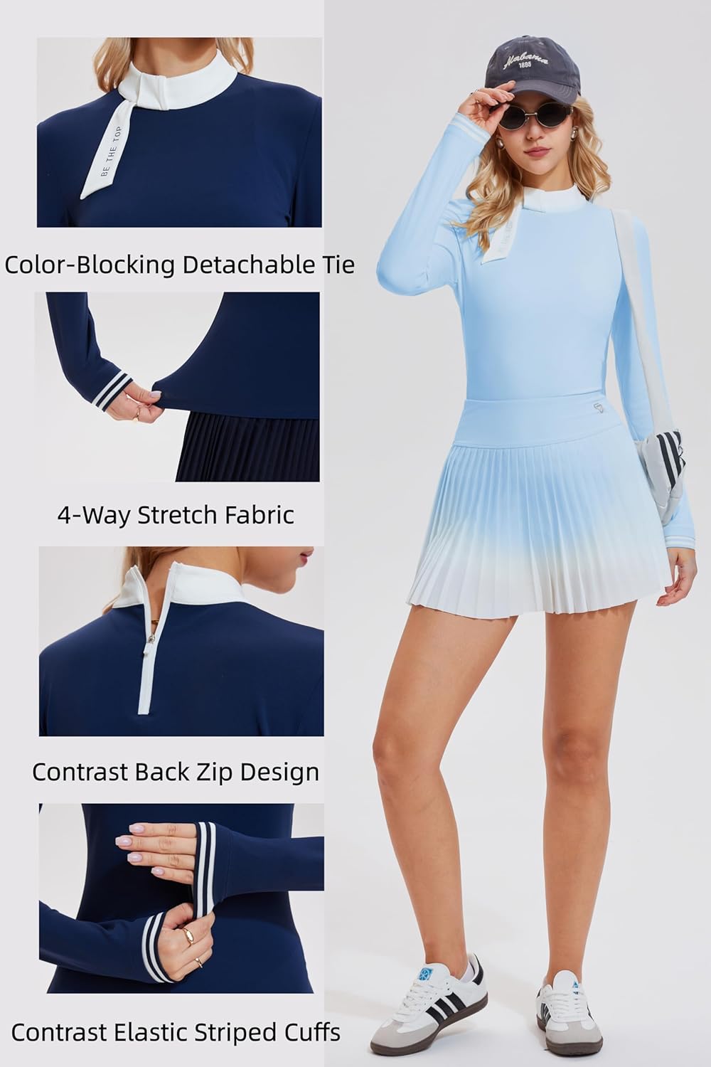 AFZ Tennis Outfits Casual Fall Two Piece Skirt Set Pickleball Golf Outfits for Women Long Sleeve Zipper Back Shirt and Gradient Pleated Golf Dress with Shorts and Pockets Sky Blue XS