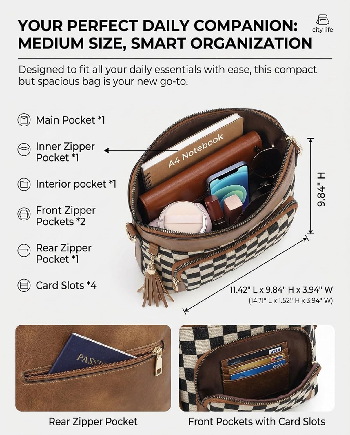 Checkered Crossbody Bag for Women, Lightweight Plaid PU Leather Canvas Handbag with Adjustable Strap