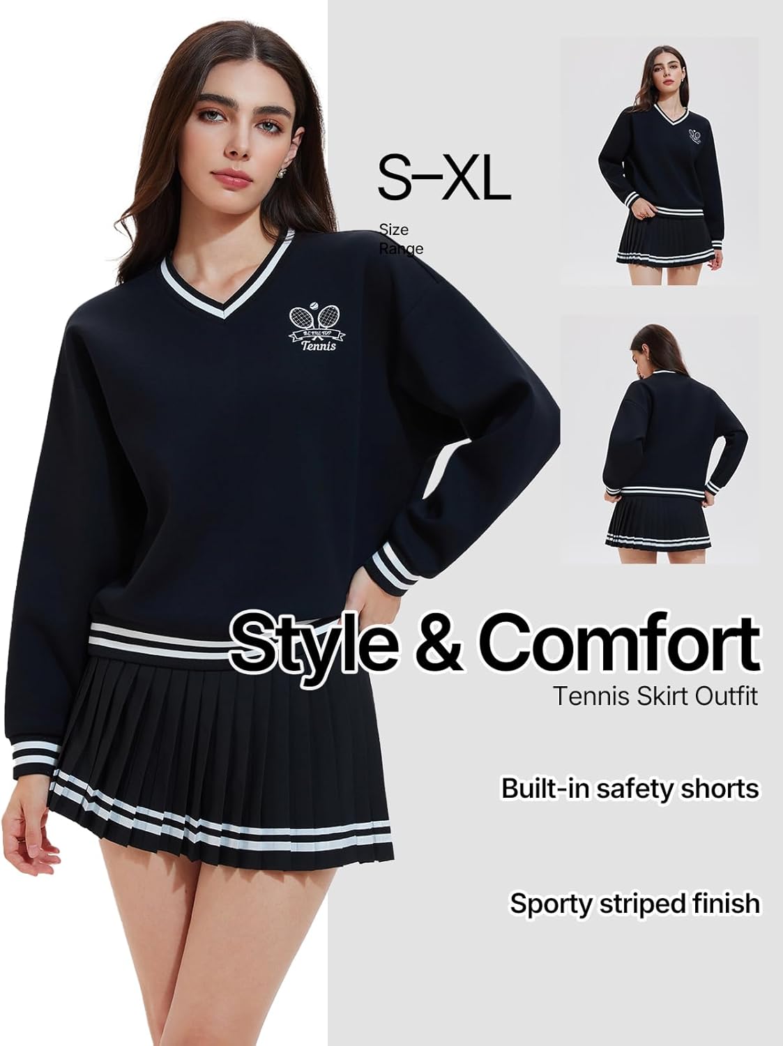 Women's Long Sleeve Tennis Skirt Set - 2 Piece Golf Outfit with V-Neck Sweater & Skort