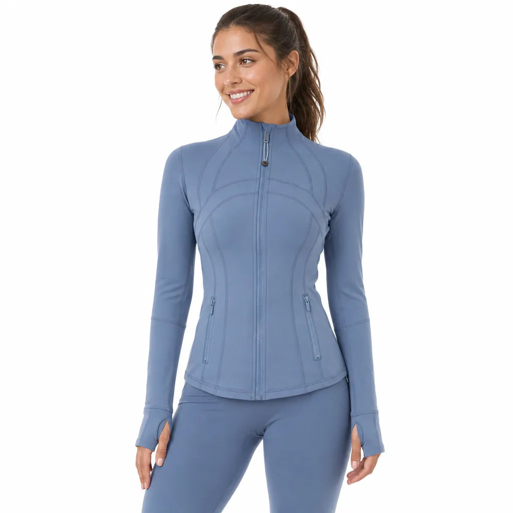 COSLEAF Thick / Fleece / Gray Blue fitted jacket on model