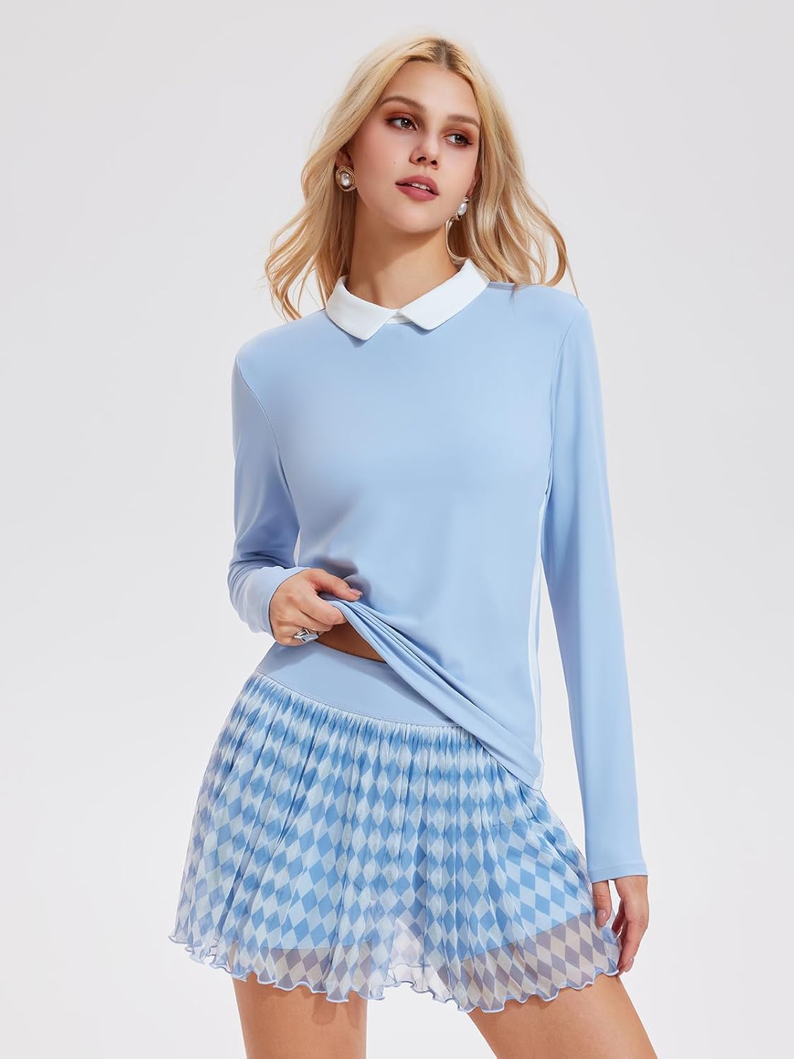 Women's 2 Piece Golf Outfit Tennis Skirt Set Long Sleeve Back Zipper & Flowy Mesh Pleated Skort